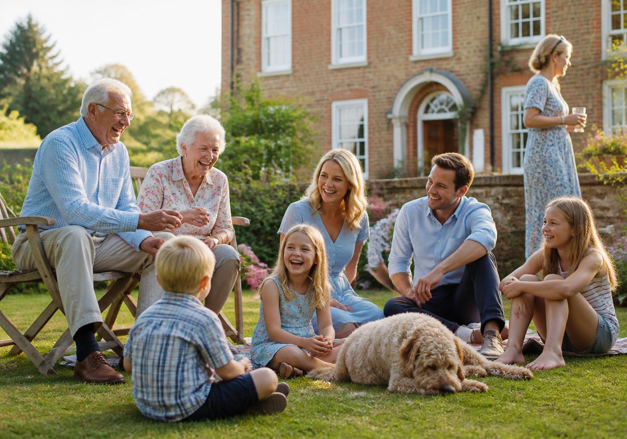Three generations of a family together in the garden of a family home