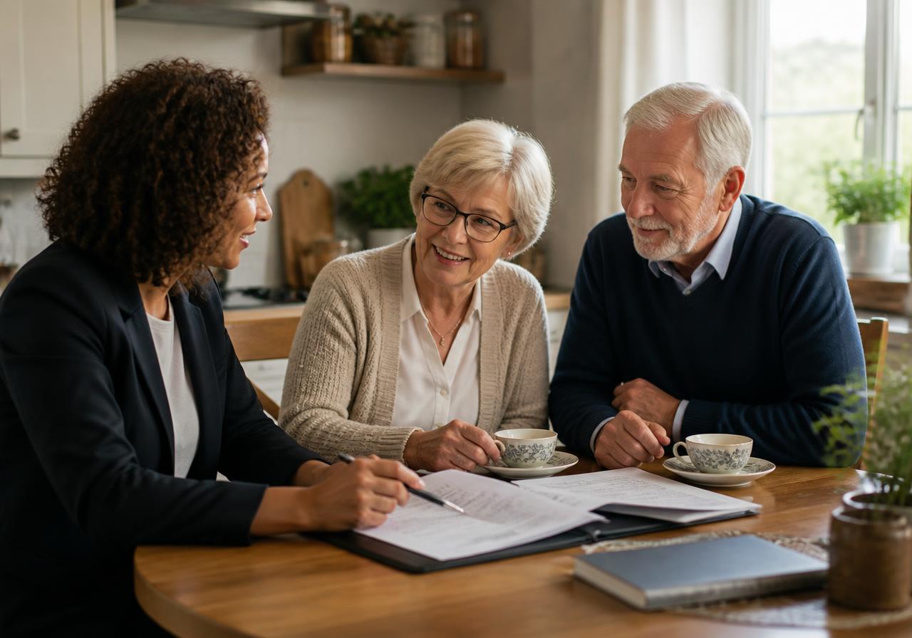 An adviser talking through estate planning documents with a couple at their kitchen table